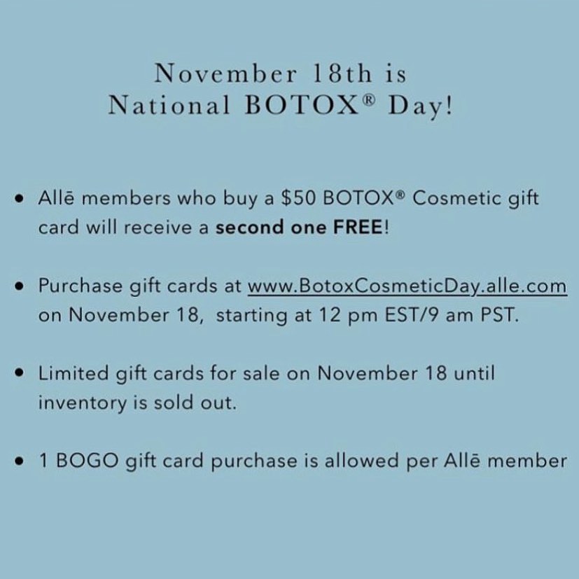 Instagram post by Dr. Helen Fincher: November 18th is Botox Cosmetic Day! Buy One $50 Giftcard and Get One Free. Click on the link in our bio for more details.