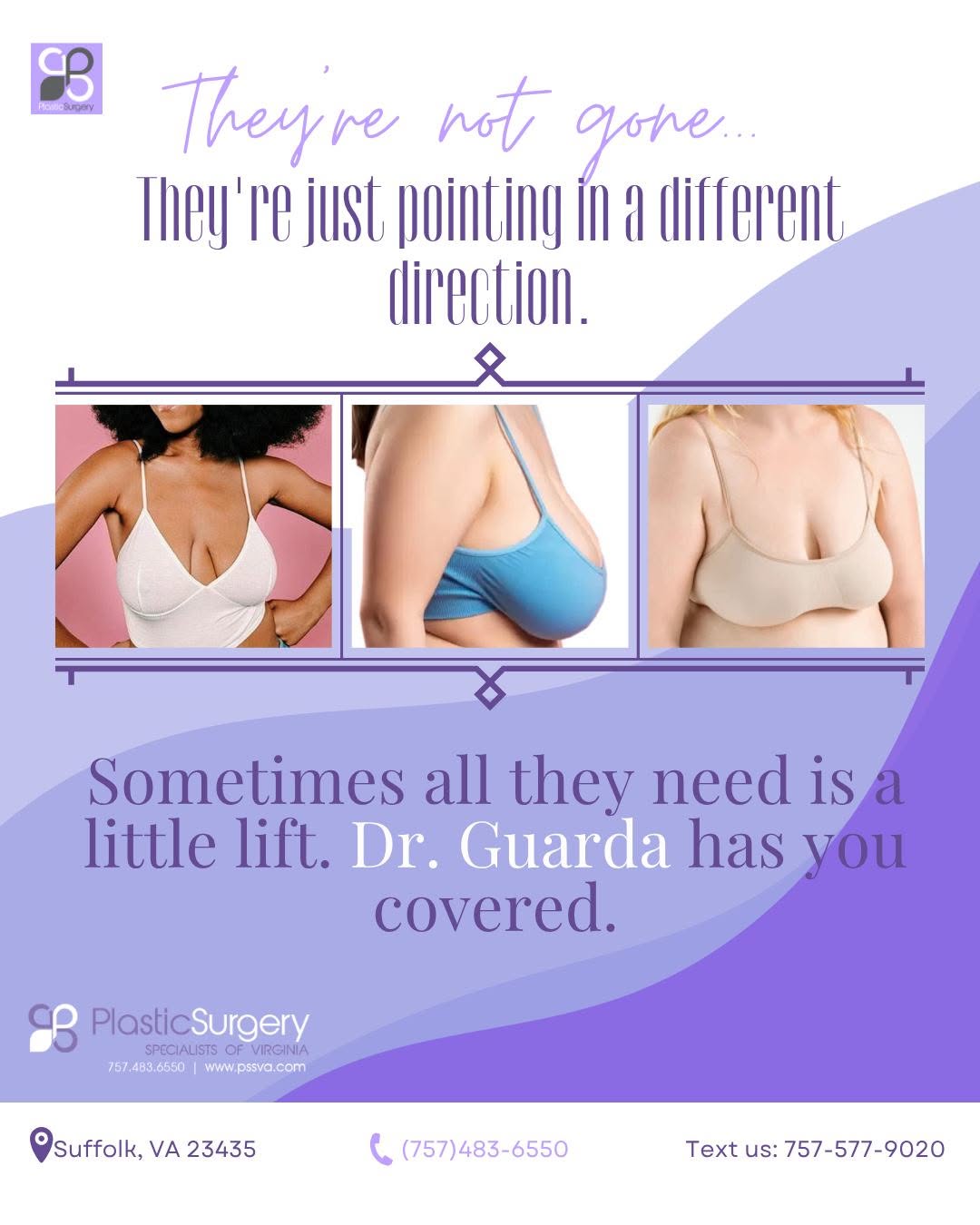 Instagram post by Dr. Helena Guarda: Life happens. Gravity happens. 😉 If the girls could use a little lift, Dr. Guarda is here to help. 📞 (757) 483-6550 📱 Text us at (757) 57…