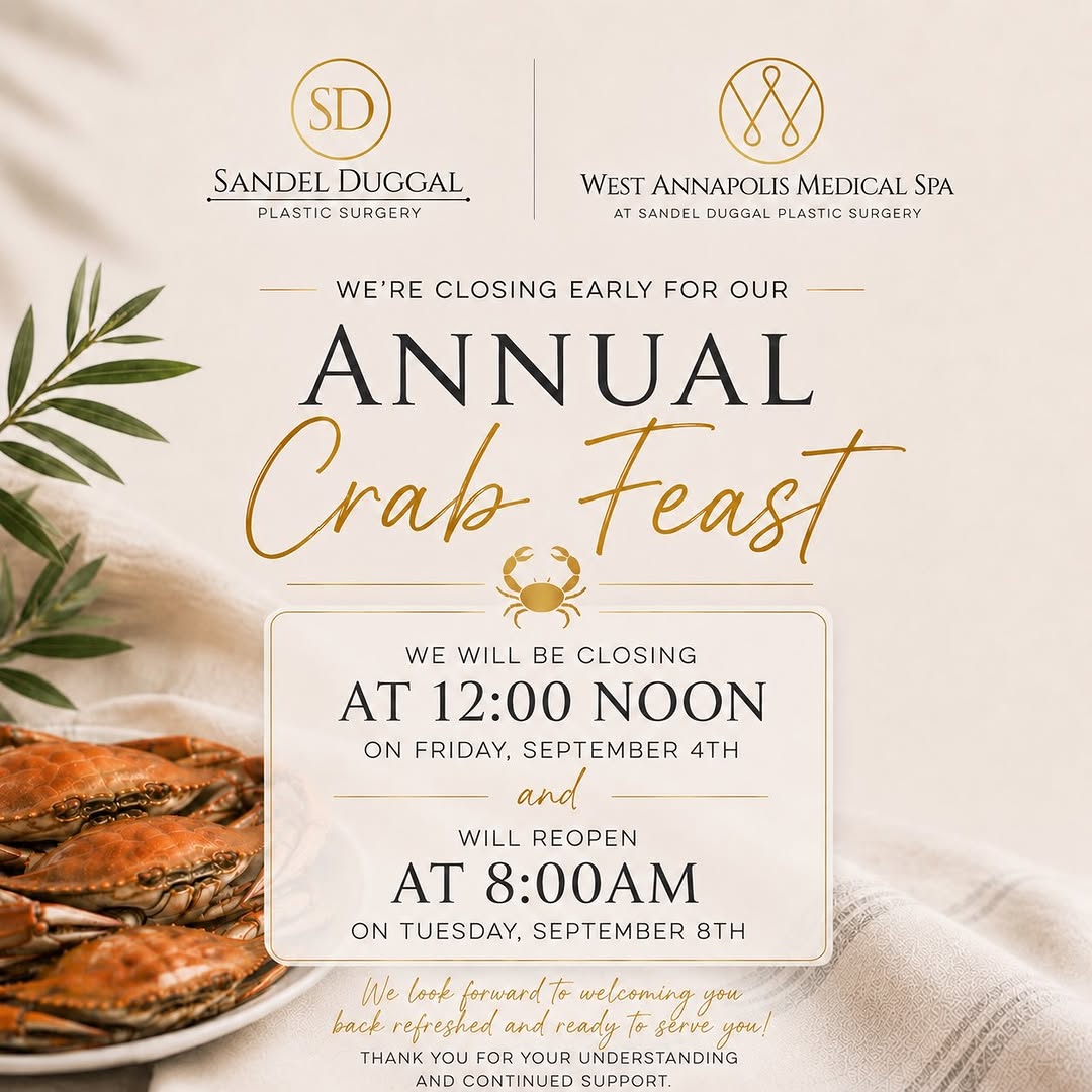 Instagram post by Dr. Henry Daniel Sandel IV: 🦀 It’s almost time for one of our favorite traditions! Our Sandel Duggal Plastic Surgery & West Annapolis Medical Spa team will be closing …