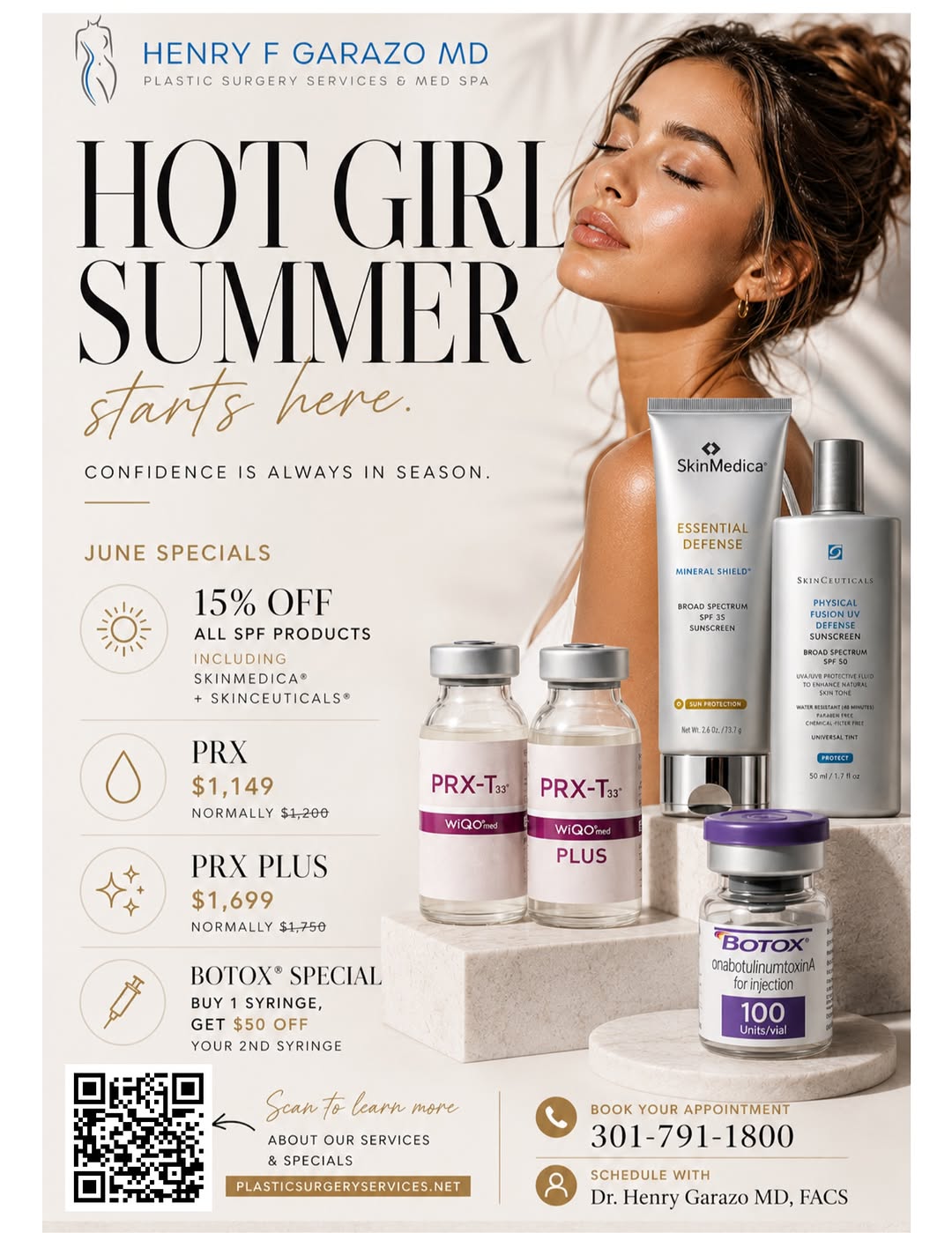 Instagram post by Dr. Henry F. Garazo: Hot Girl Summer at Plastic Surgery Services & Medspa! 😎 ☀️ 15% off all SPF products : including @skinmedica & @skinceuticals 💧 @prxbywiqo …