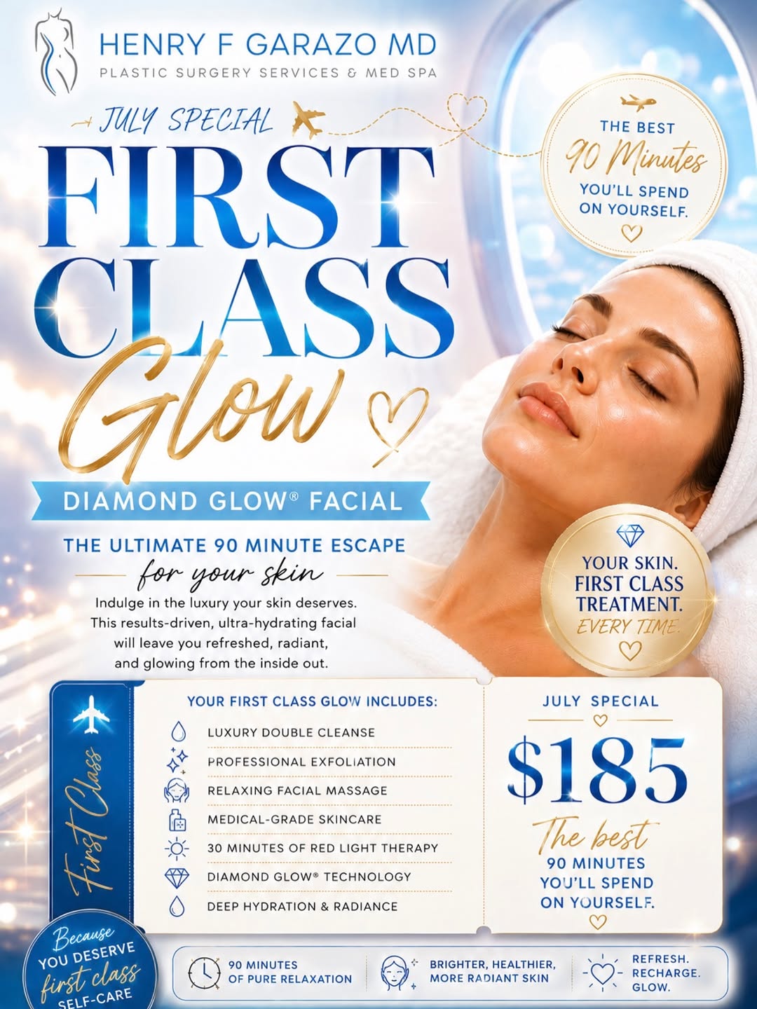 Instagram post by Dr. Henry F. Garazo: Enjoy a @diamondglow facial this month- The Ultimate 90 minute escape for your skin! 💎 💧 $185 in July! Call us at 301.791.1800 to schedule…