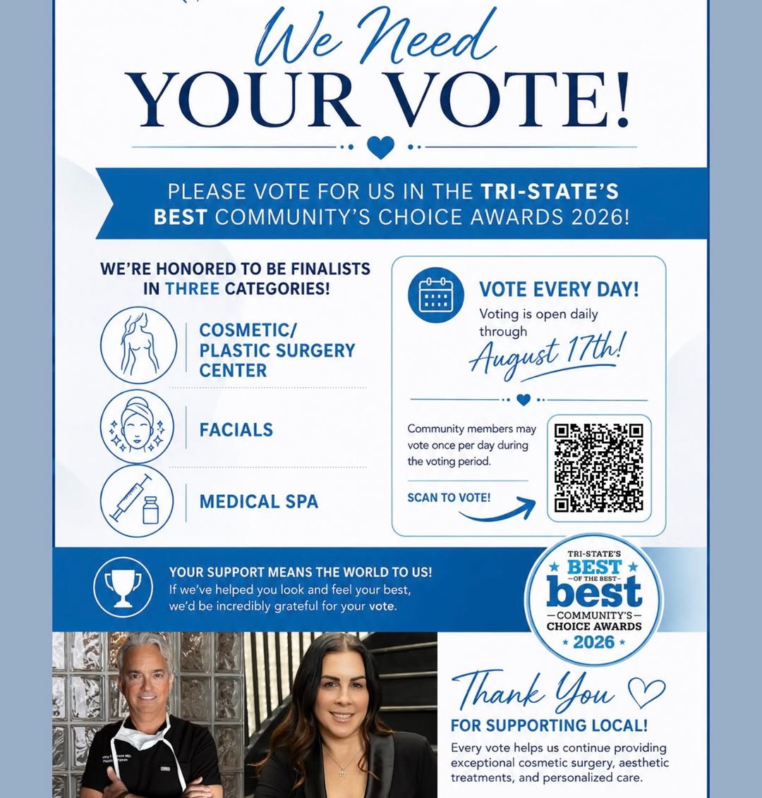 Instagram post by Dr. Henry F. Garazo: The Polls are Open until 8/17! 🗳️ Community’s Choice Awards | Tri State’s Best Vote Daily- Plastic Surgery Services & Medspa in the followi…