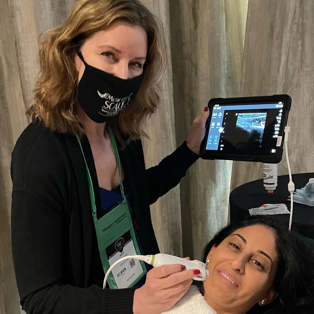 Instagram post by Dr. Holly Happe, DO: Applying ultrasound techniques to facial anatomy. Learning potential ways to utilize ultrasound in the future in aesthetic medicine. #boardc…