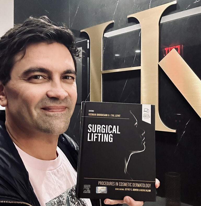 Instagram post by Dr. Hooman Khorasani: Very proud to announce my latest publication “Surgical Lifting“ by Elsevier publishing. My textbook finally arrived in the mail after 3 year…
