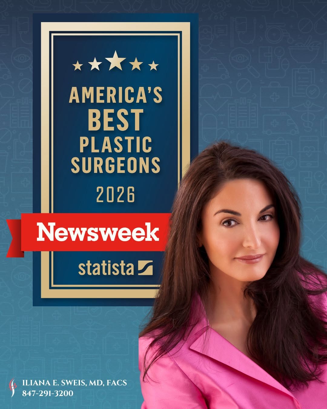 Instagram post by Dr. Iliana Sweis: We are beyond thrilled to announce that Dr. Iliana E. Sweis has been selected for the sixth year in a row by Newsweek as one of America’s Be…