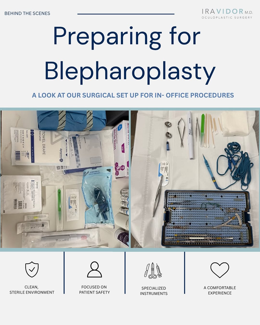 Instagram post by Dr. Ira Vidor: Here’s a look at the behind the scenes for our in clinic blepharoplasty set up.