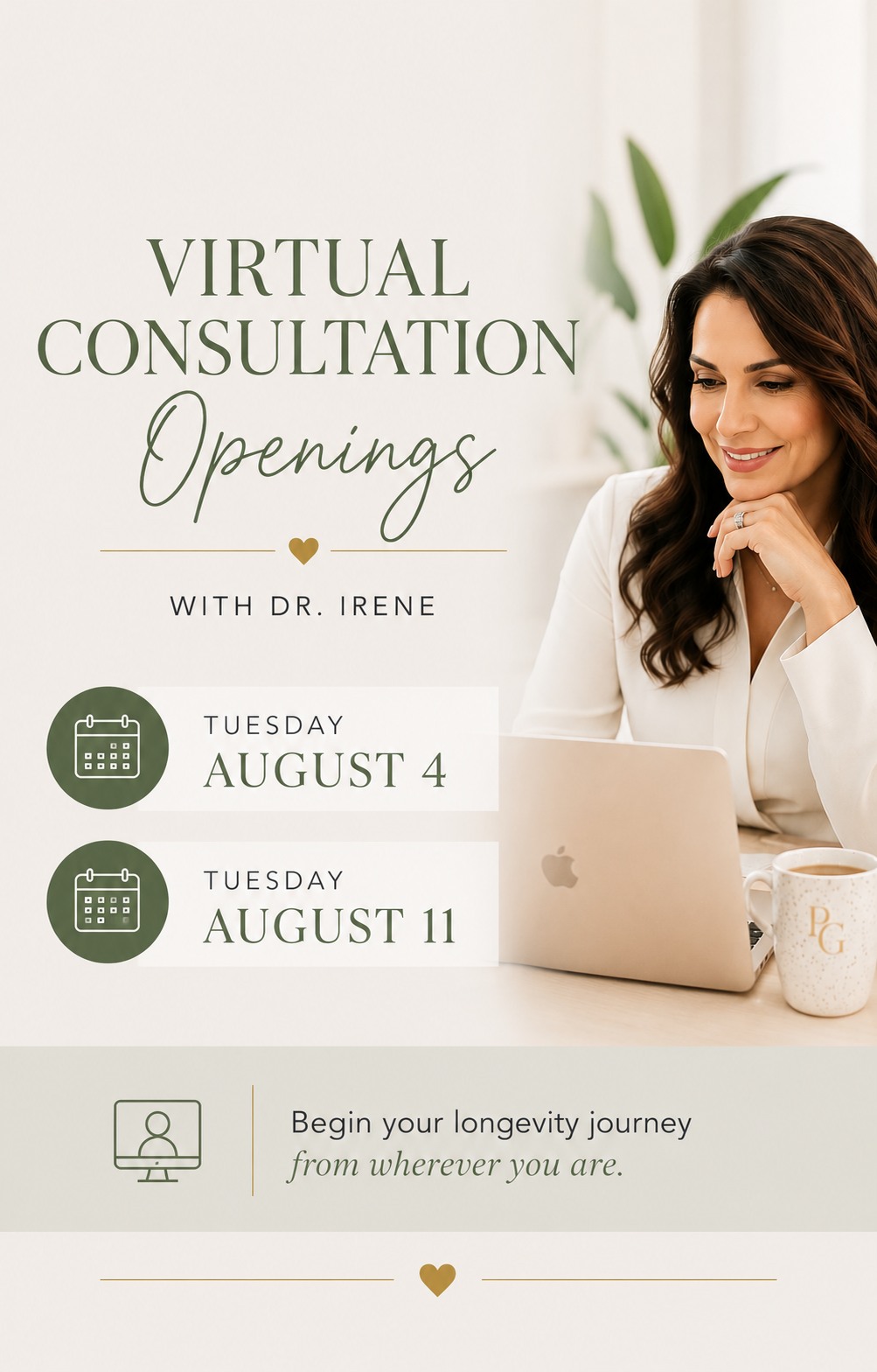 Instagram post by Dr. Irene Gladstein: ✨ Virtual consultation appointments with Dr. Irene are now available on Tuesday, August 4 and Tuesday, August 11. 💻 You don't have to be ne…