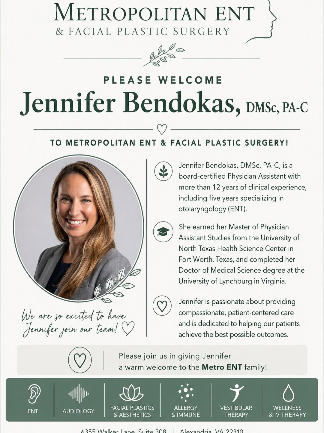 Instagram post by Dr. Iyad Saidi: We are growing! 🎉 Help us welcome Jennifer Bendokas, DMSc, PA-C to the Metro ENT Family. Jennifer brings years of experience and passion fo…