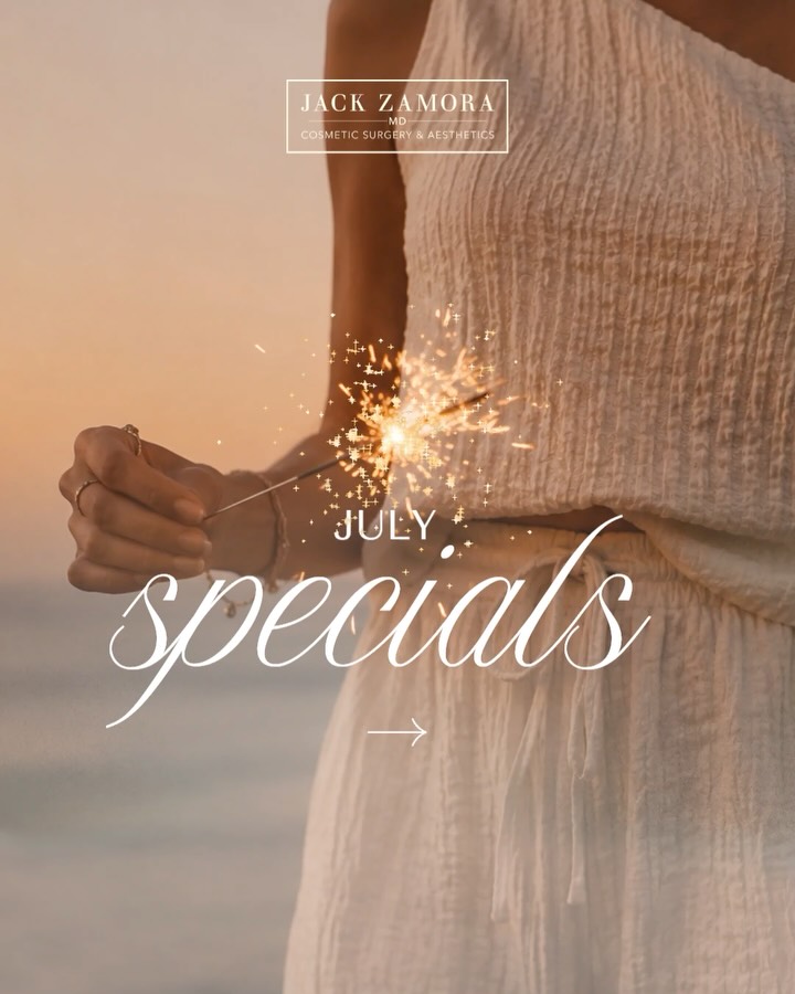 Instagram post by Dr. Jack Zamora: Swipe to see what we’re loving for summer skin this July 🧡 Think deep-cleansing facials, a collagen-boosting favorite, and 20% off the medi…