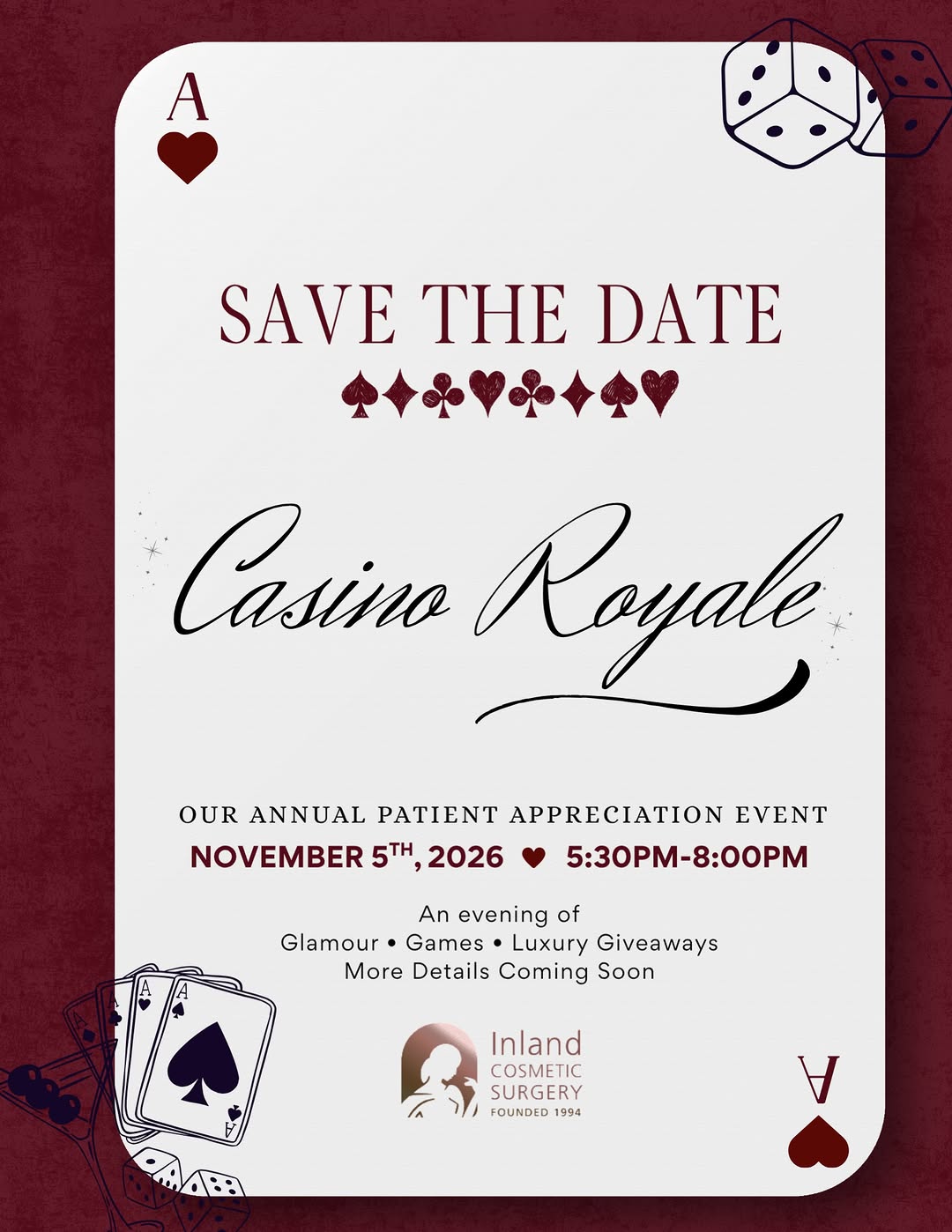 Instagram post by Dr. Jacob Haiavy: ♠️♥️ SAVE THE DATE ♥️♠️ Our annual Patient Appreciation Event is getting a serious upgrade this year… ✨ CASINO ROYALE ✨ Join us for an unfor…