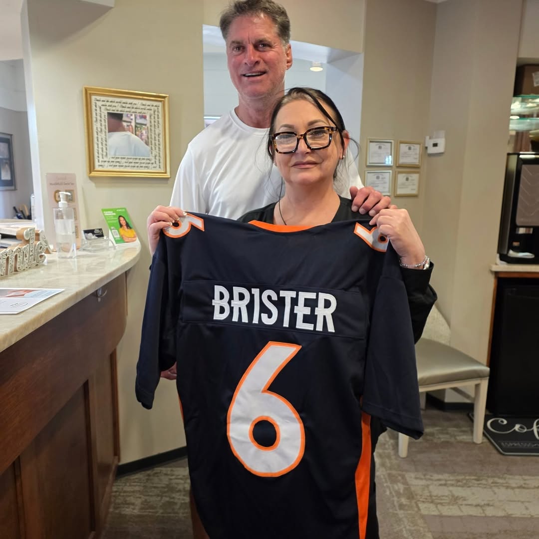 Instagram post by Dr. James A. Moreau, Jr., DDS: MoreSMILES' favorite NFL QB, Bubby Brister, stopped by with a jersey for Melissa. What a treat! Thanks, friend!