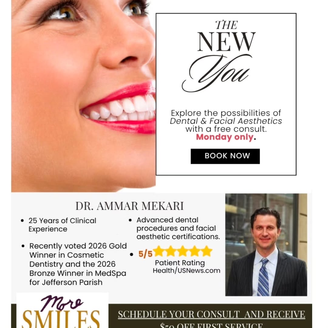 Instagram post by Dr. James A. Moreau, Jr., DDS: Something new at MoreSMILES Dental Spa! Book a complimentary consultation with Dr. Mekari next Monday afternoon and receive $50 off your fir…