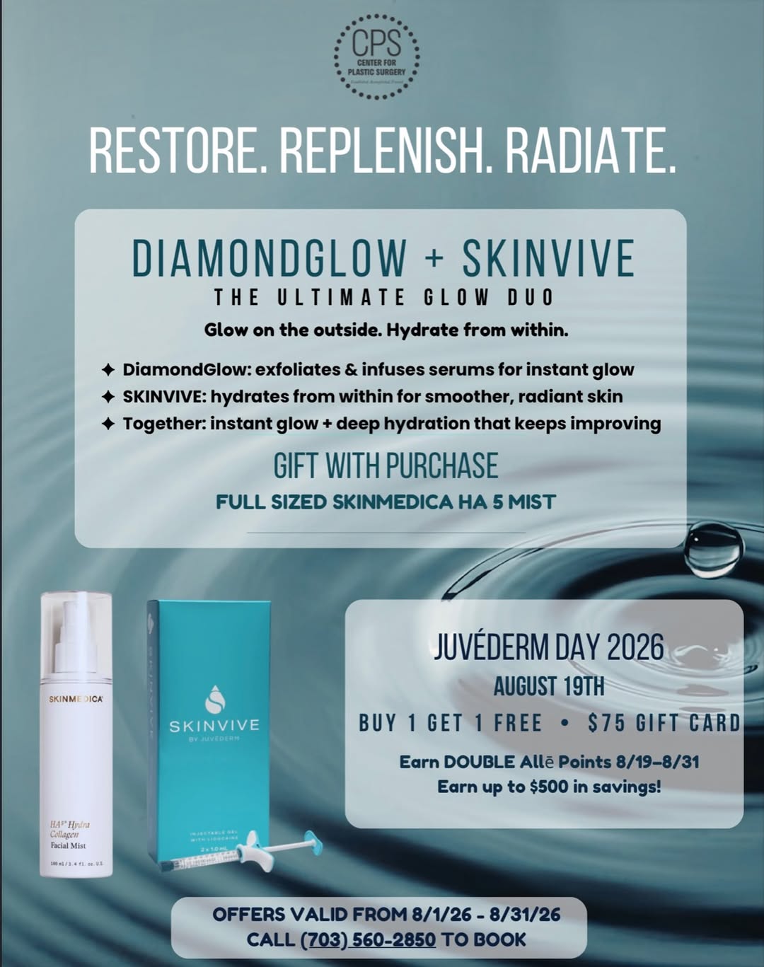 Instagram post by Dr. James H. French Jr.: ✨ AUGUST AT THE CENTER FOR PLASTIC SURGERY ✨ This month is all about healthy, hydrated, glowing skin! 💧✨ Enjoy limited-time savings on some…