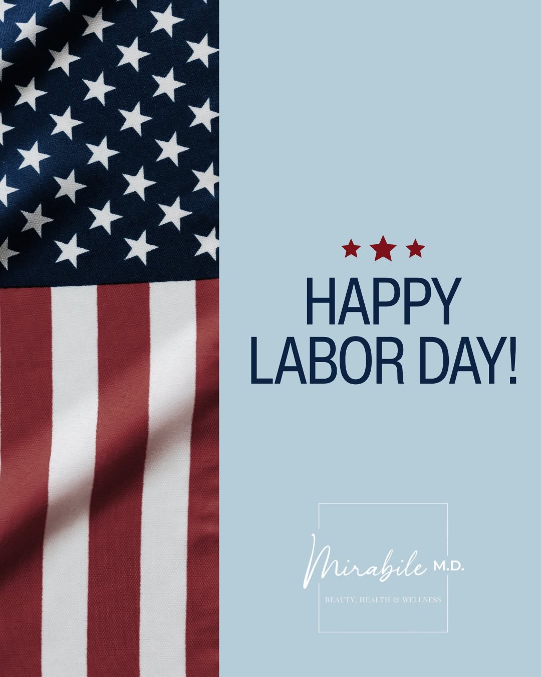 Instagram post by Dr. James Mirabile: Happy Labor Day from Mirabile M.D. ✨ Today we celebrate the dedication, hard work, and passion that inspire our community every day. We hope…