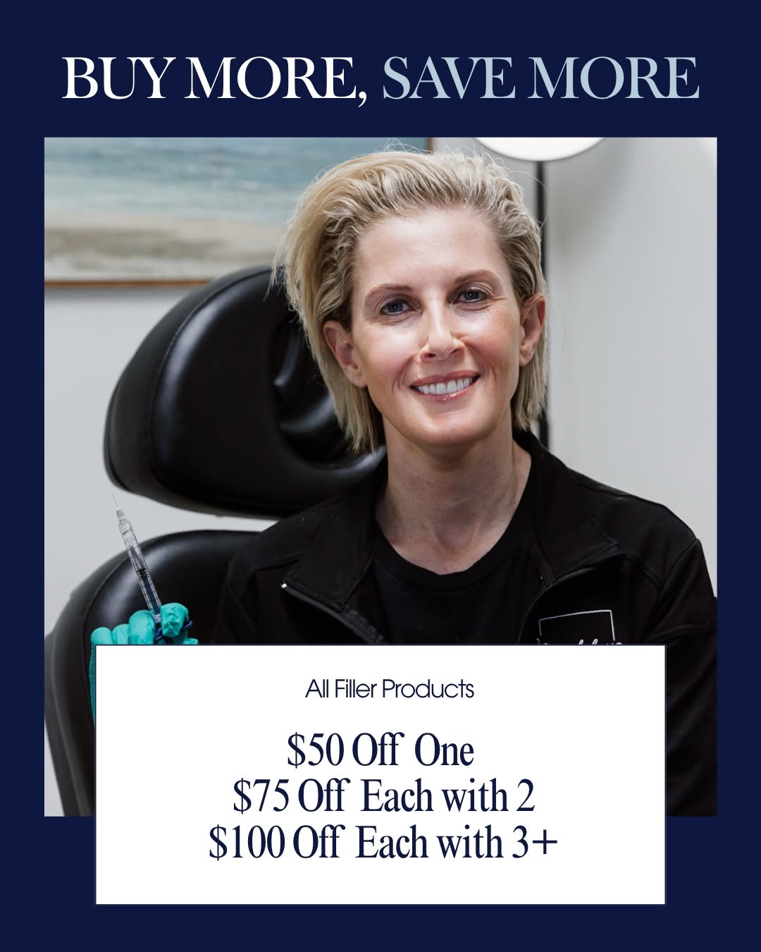 Instagram post by Dr. James Mirabile: Buy More, Save More on Filler ✨ Enjoy exclusive savings on all filler products: 💉 1 Syringe: $50 OFF 💉 2 Syringes: $75 OFF Each 💉 3+ Syri…