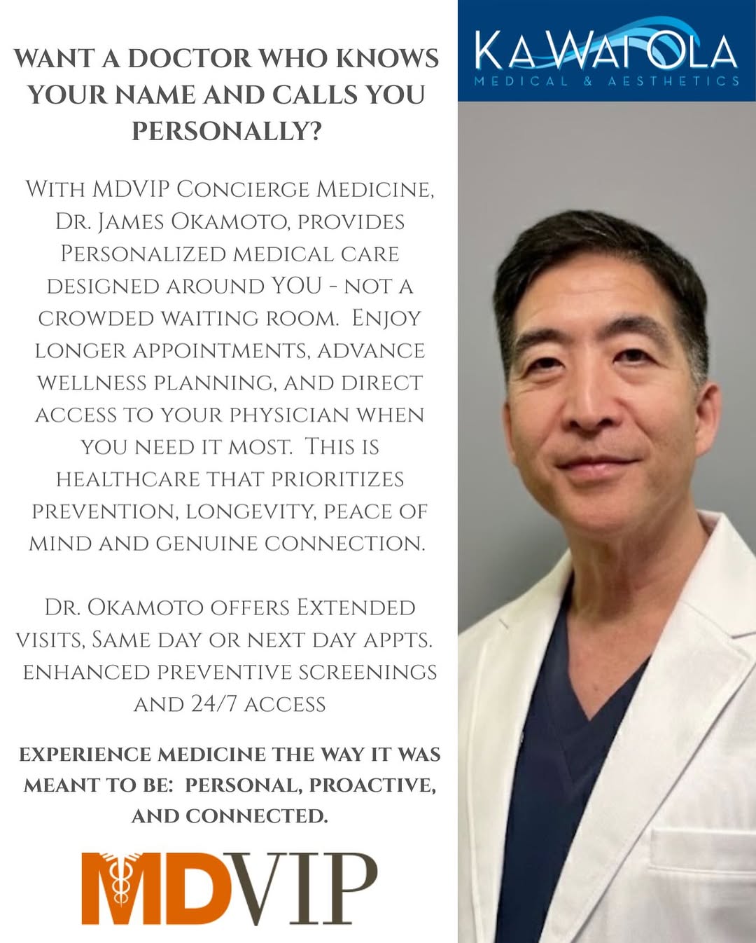 Instagram post by Dr. James Okamoto: Imagine a primary care physician who truly knows you - your name, goals, your health journey and focuses on your longevity. With MDVIP conci…