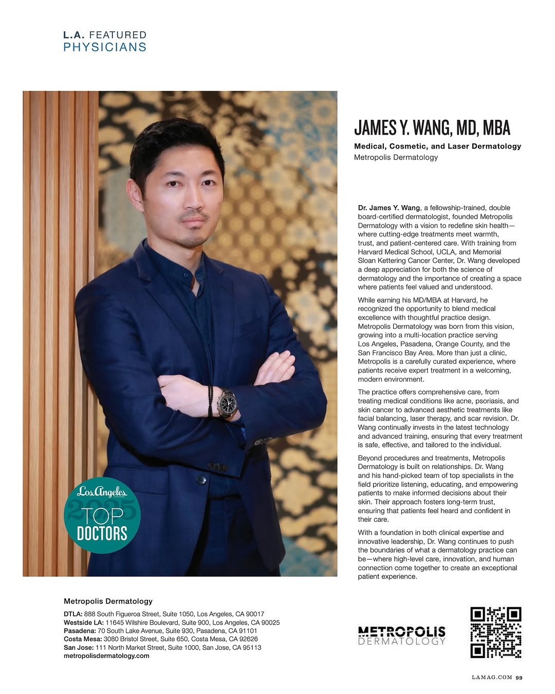 Instagram post by Dr. James Y. Wang: I'm deeply grateful to be featured as “Best of the Best” in LA Mag's Top Doctors Issue 2025. Building Metropolis Dermatology has been a labo…
