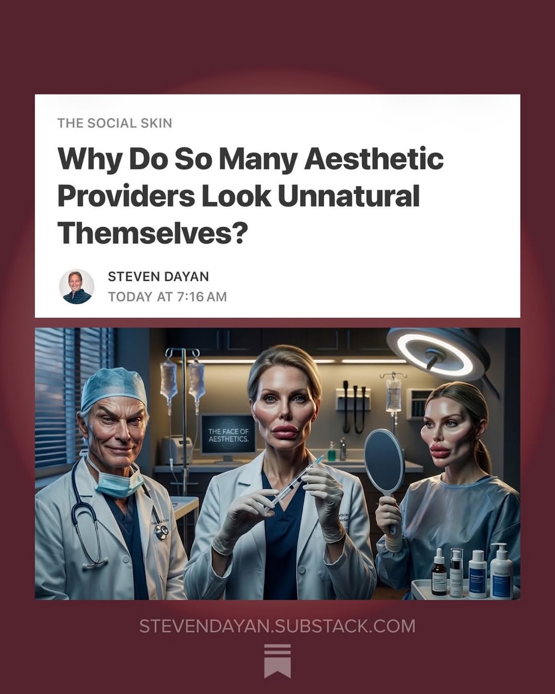 Instagram post by Dr. Jane Olson: Repost from @drstevendayan • Why do so many aesthetic providers look unnatural themselves? What are your thought? 💭 can you tell when a pro…