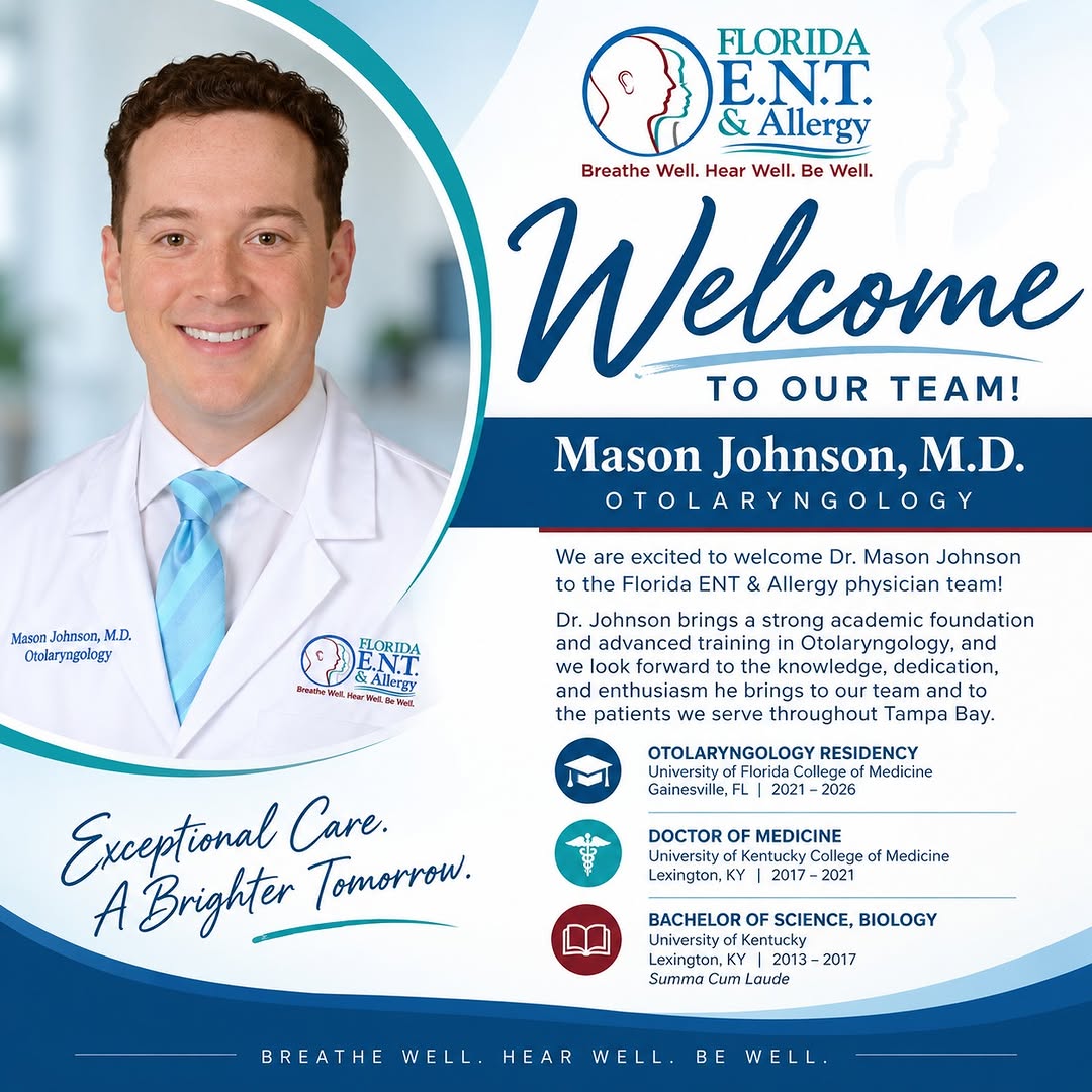Instagram post by Dr. Janet Lee: 💙 Welcome to Florida ENT & Allergy, Dr. Mason Johnson! 💙 We are excited to welcome Mason Johnson, M.D. to the Florida ENT & Allergy physic…