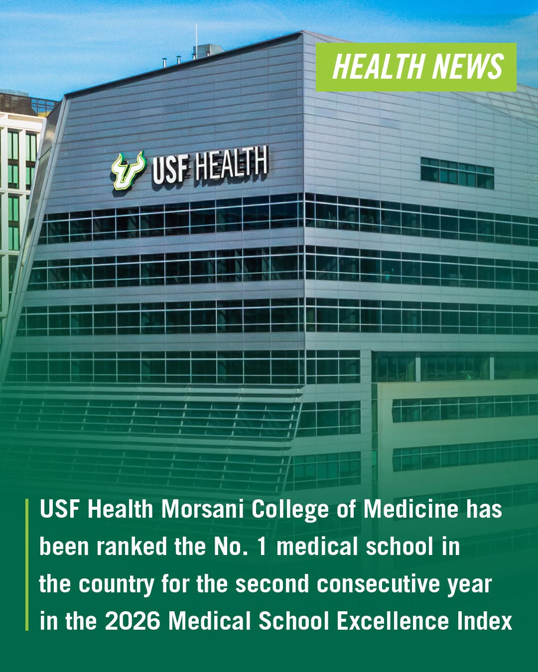Instagram post by Dr. Jared Troy: The USF Health Morsani College of Medicine has been ranked the No. 1 medical school in the country for the second consecutive year in the 20…
