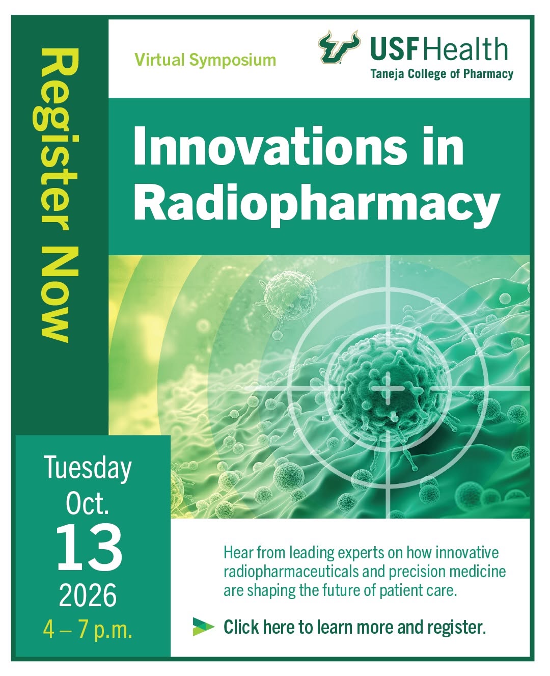 Instagram post by Dr. Jared Troy: Join us on October 13, 2026, for Innovations in Radiopharmacy, a virtual symposium hosted by USF Health Taneja College of Pharmacy! Registra…