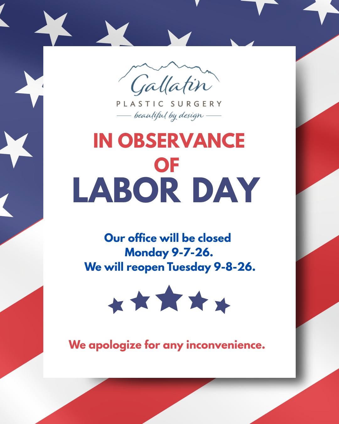 Instagram post by Dr. Jarred McDaniel: In observance of Labor Day our office will be closed Monday 9-7-26. We will reopen Tuesday 9-8-25. #laborday #community #bozeman #montana