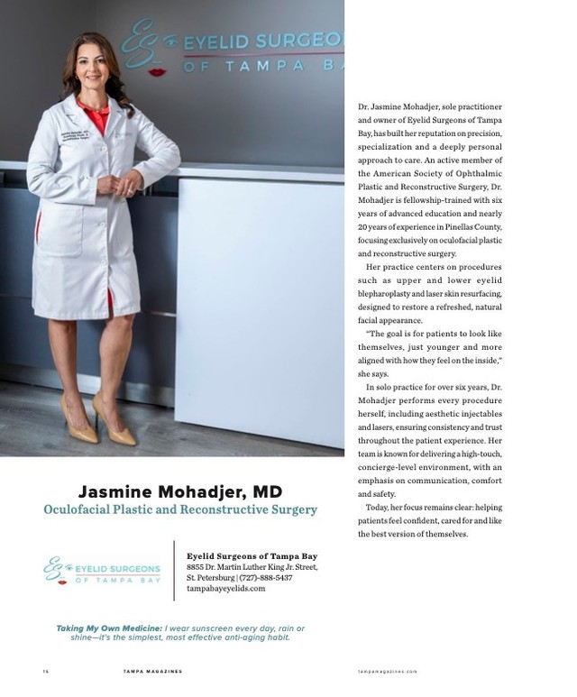 Instagram post by Dr. Jasmine Mohadjer: ✨ Exciting news! ✨ Dr. Jasmine Mohadjer is honored to be featured in this month's Tampa Bay Magazine! We're grateful for the opportunity t…