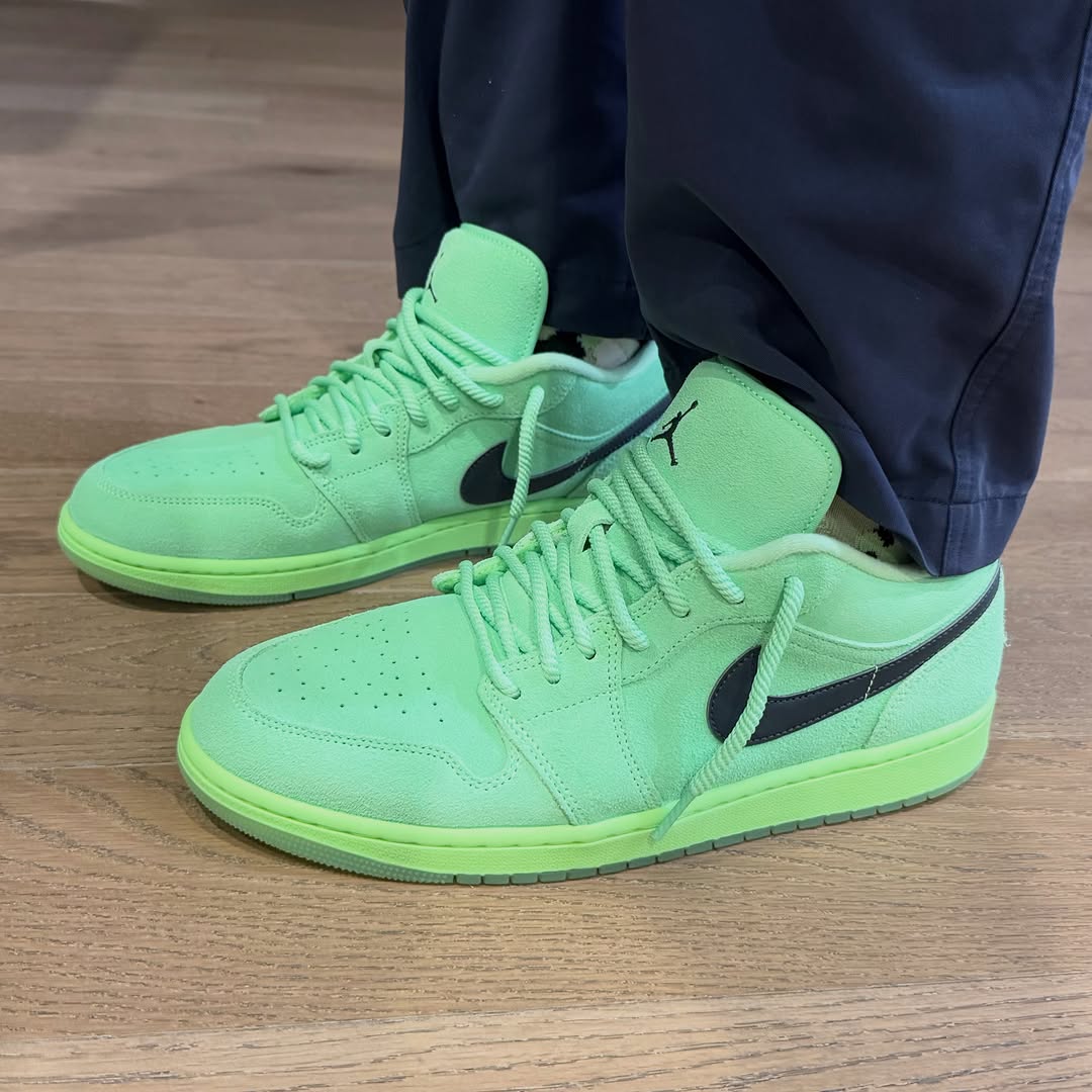 Instagram post by Dr. Jason D. Bloom: Today I am rocking a new pair of Air Jordan 1 Low sneakers in a shocking neon green colorway! The matching rope laces really bring them toge…