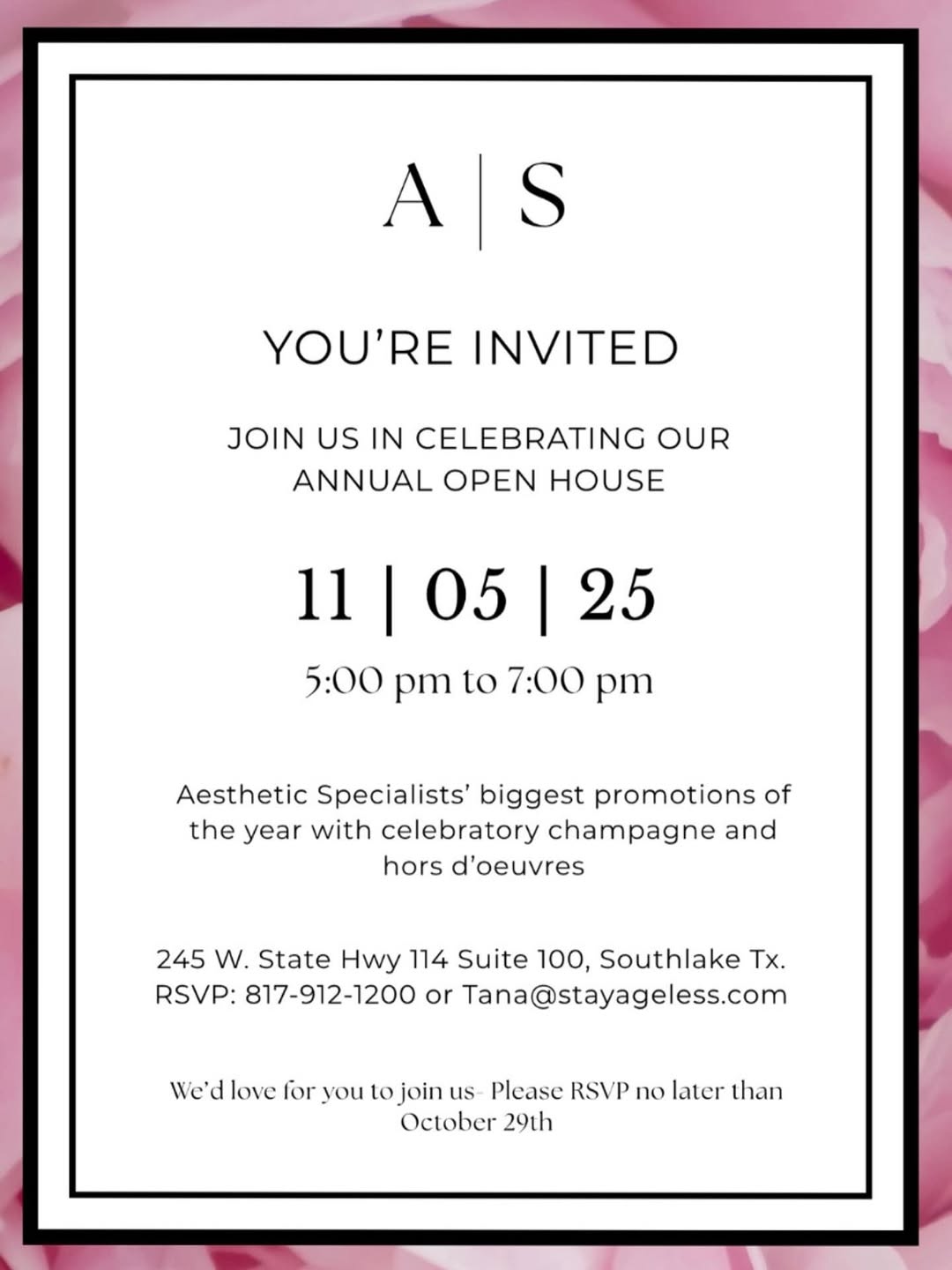 Instagram post by Dr. Jason K. Potter: ✨ You’re Invited! ✨ Join us for our Annual Open House on November 5th from 5–7 PM at Aesthetic Specialists. 🥂 Enjoy an evening of exclusive…