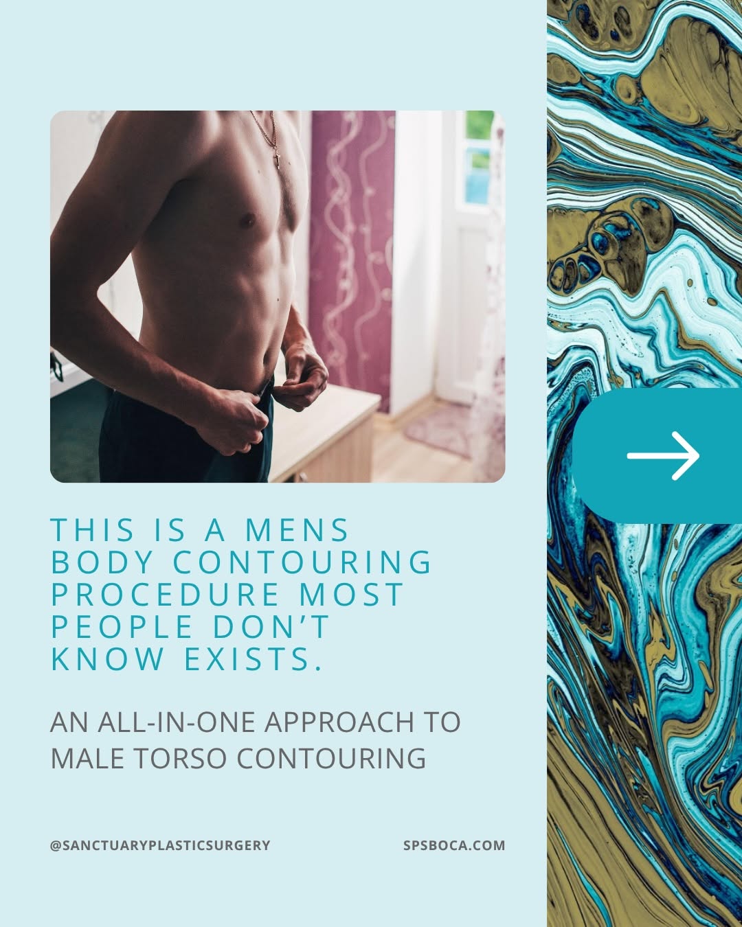 Instagram post by Dr. Jason Pozner: A men’s body contouring procedure you may not know about. 👀 Torsoplasty is a surgical body contouring procedure designed to address the tor…