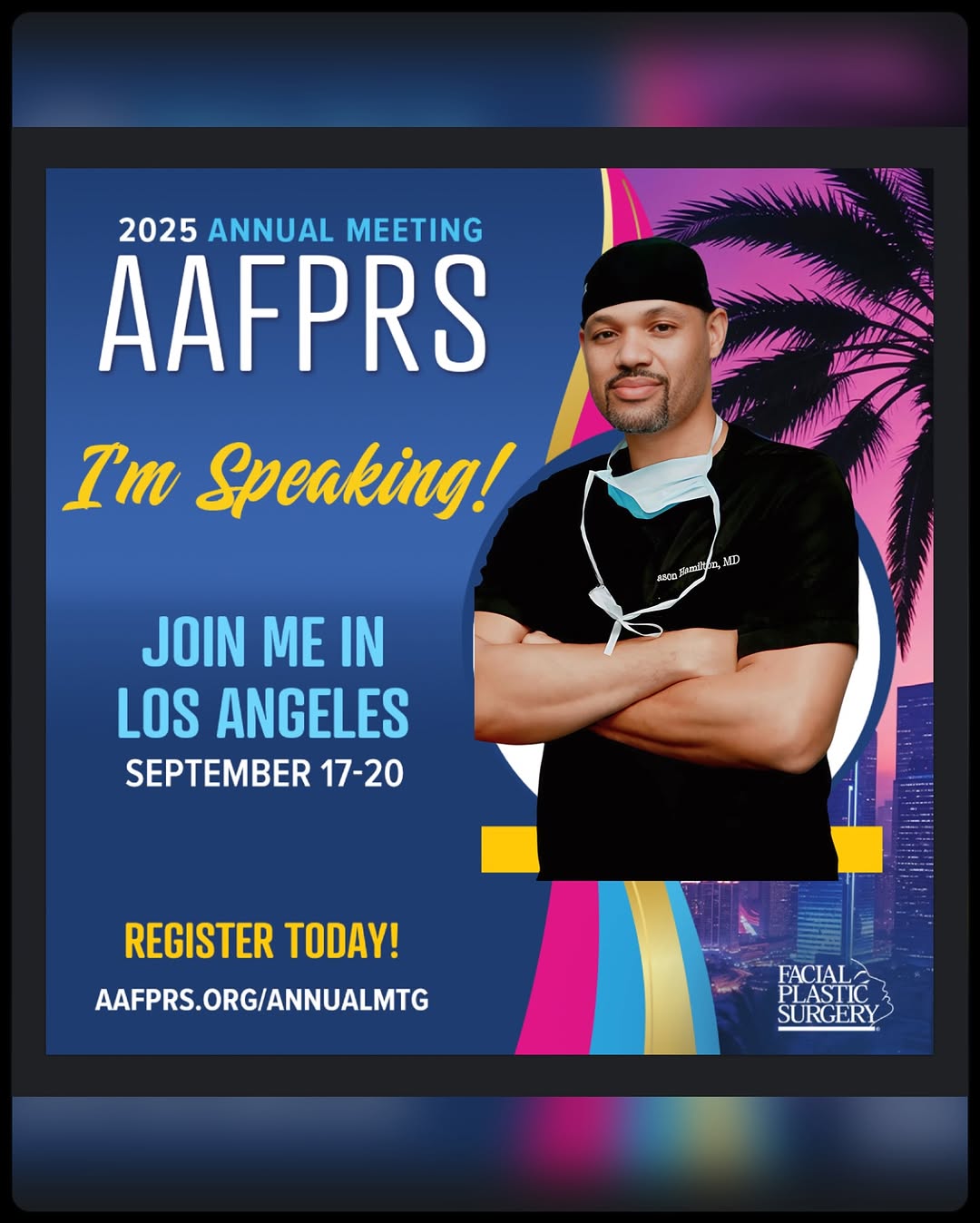 Instagram post by Dr. Jason S. Hamilton: Back at it and Ready to dive deep into my passion topics – rhinoplasty and nasal reconstruction – at the upcoming AAFPRS Meeting from my hom…