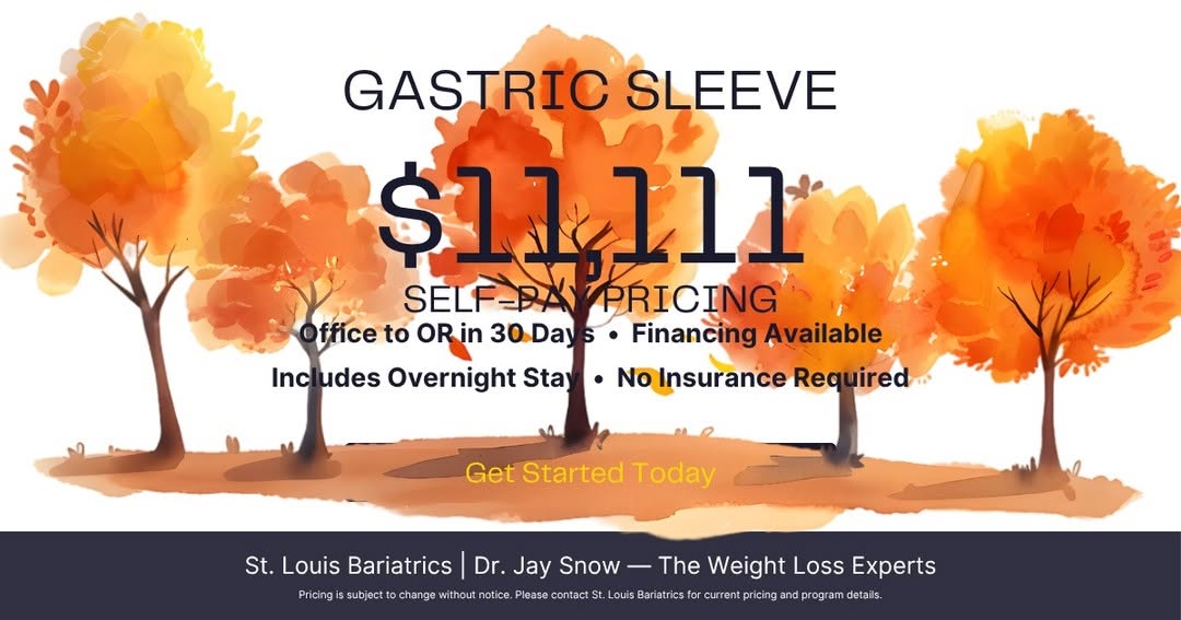 Instagram post by Dr. Jay M. Snow: 💙 Thinking about weight loss surgery? A self-pay gastric sleeve is $11,111 at St. Louis Bariatrics, and eligible patients may be able to go…