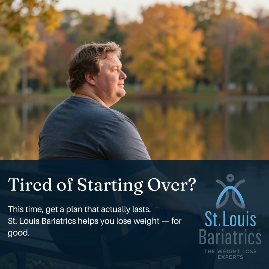 Instagram post by Dr. Jay M. Snow: Tired of Starting Over? This time, get a plan that actually lasts. St. Louis Bariatrics helps you lose weight — for good. #DrSnow #StLouisBa…