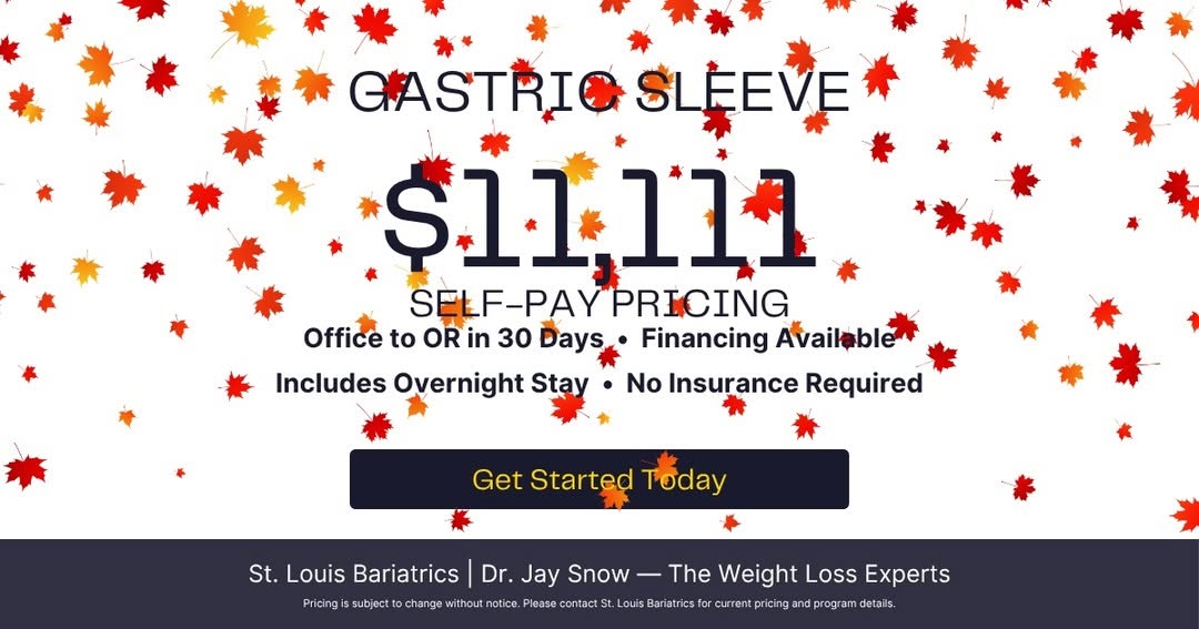 Instagram post by Dr. Jay M. Snow: 💙 Thinking about weight loss surgery? A self-pay gastric sleeve is $11,111 at St. Louis Bariatrics, and eligible patients may be able to go…
