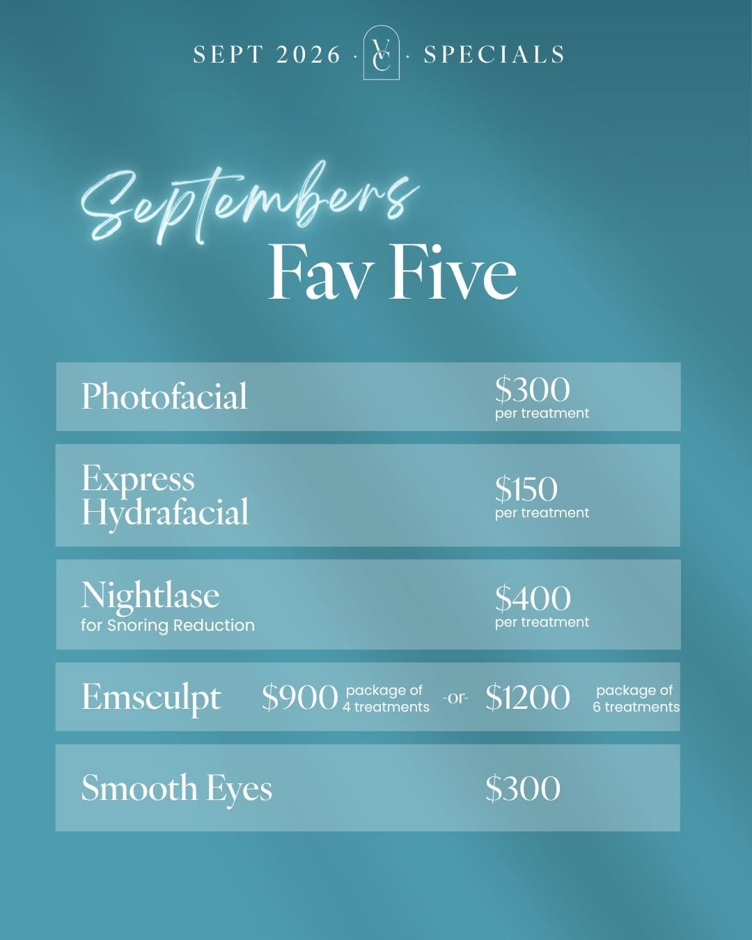 Instagram post by Dr. Jeffrey A. Hunt: This Month's Fav Five Five fan-favorite treatments. Five great prices. All September long. ☀️ Photofacial — $300 💧 Express Hydrafacial® — $…