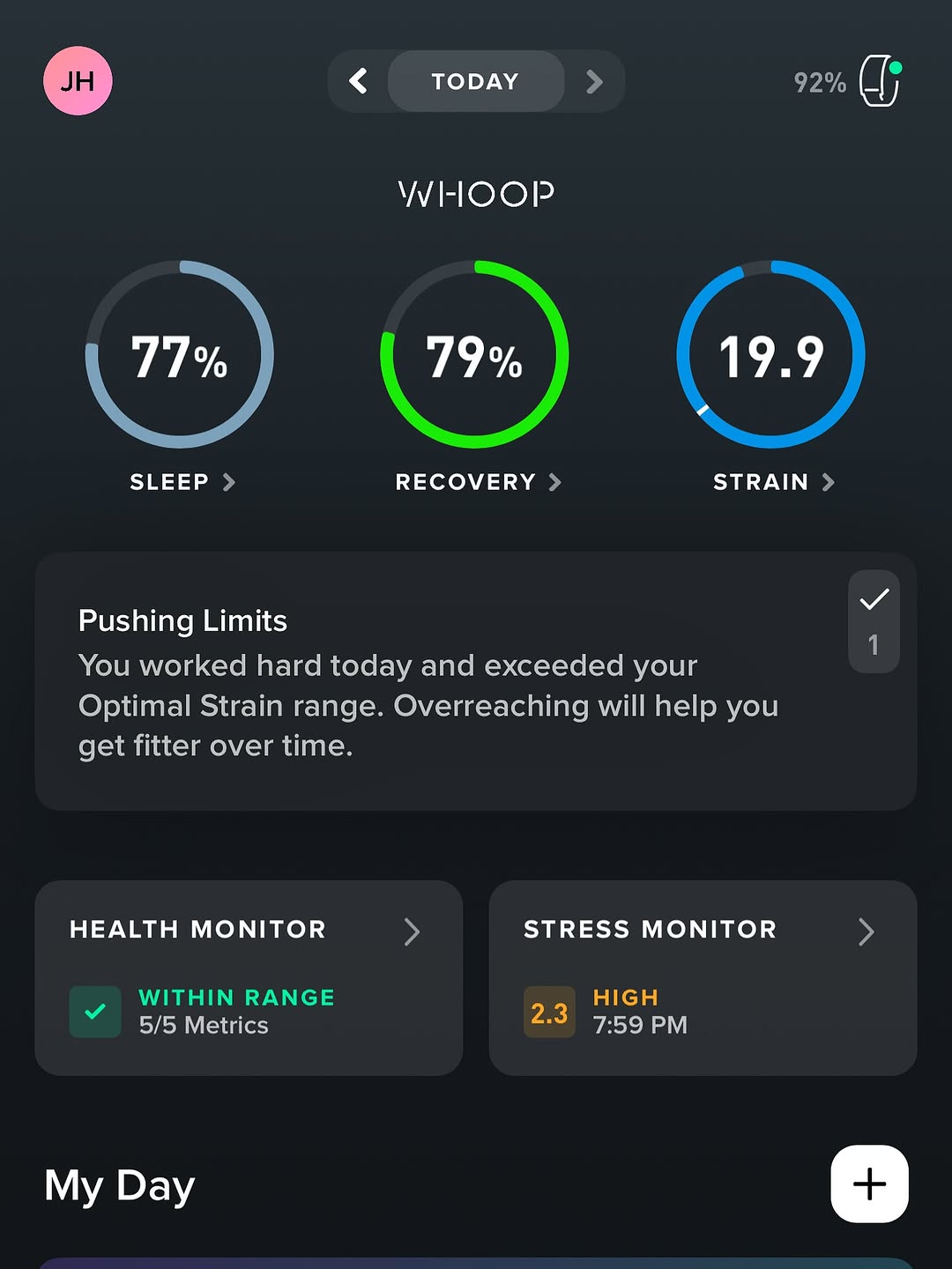 Instagram post by Dr. Jeffrey D. Hoefflin: Today I accomplished a Whoop band strain of 19.9, which is nearly perfect. It reflects your body’s ability to endure physical activity or st…