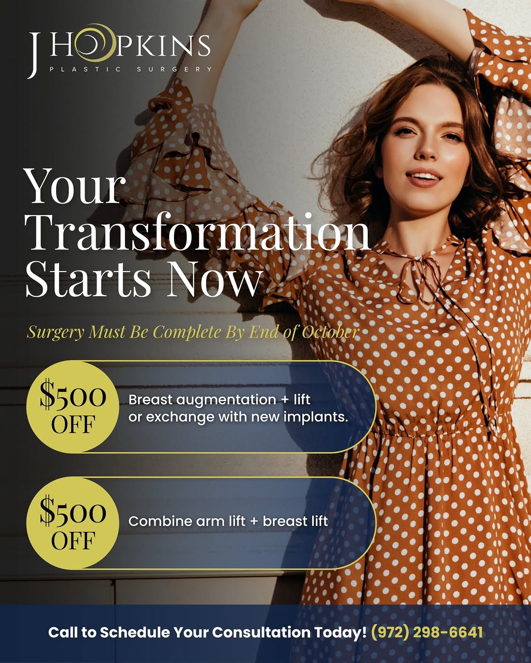 Instagram post by Dr. Jeffrey D. Hopkins: Thinking about making a change before the end of the summer? ⬇️ Now through the end of September, we’re offering: ✔️ $500 OFF a breast augme…