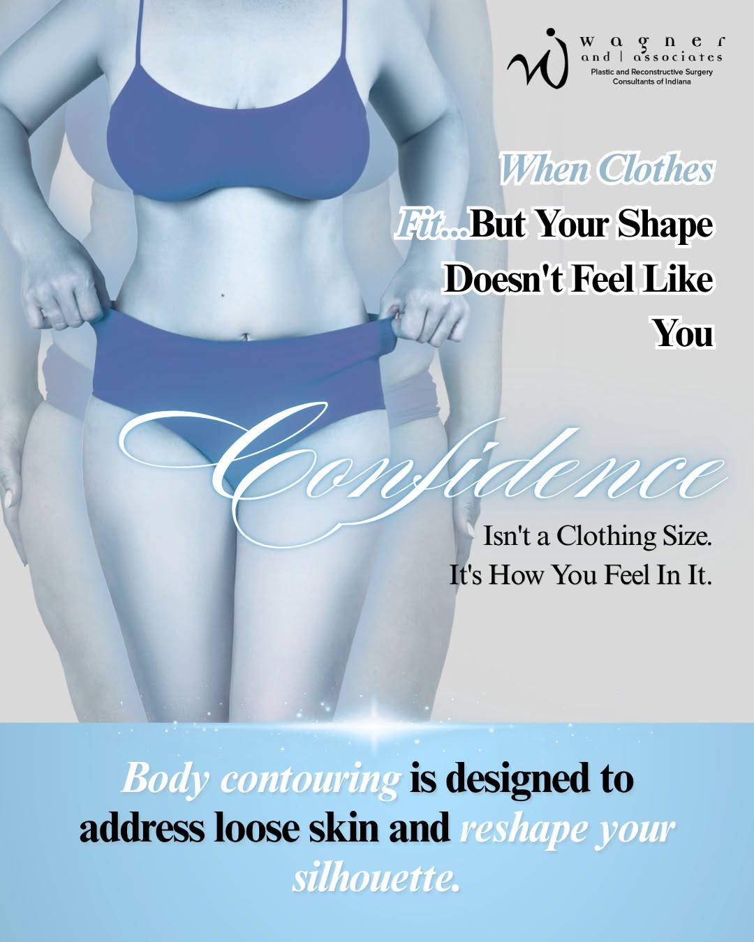 Instagram post by Dr. Jeffrey D. Wagner: Confidence isn’t a clothing size. It’s feeling comfortable, confident, and like yourself in your own skin. Body contouring can help address …