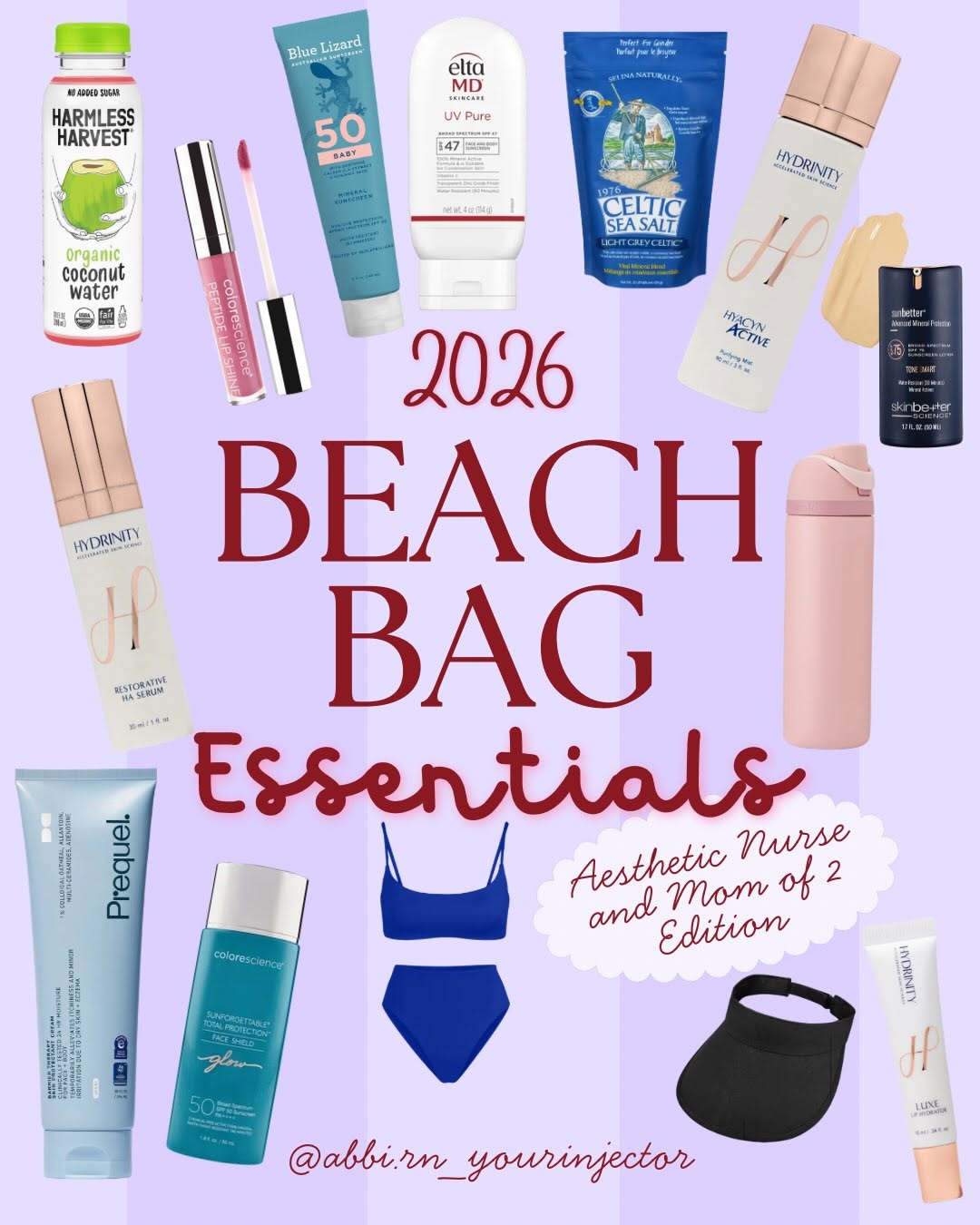 Instagram post by Dr. Jeffrey Ditesheim: 2026 Beach Bag Essentials — Aesthetic Nurse & Mom of 2 Edition 🌊☀️ Swipe through for what’s actually in my bag: real mineral SPF, hydration…
