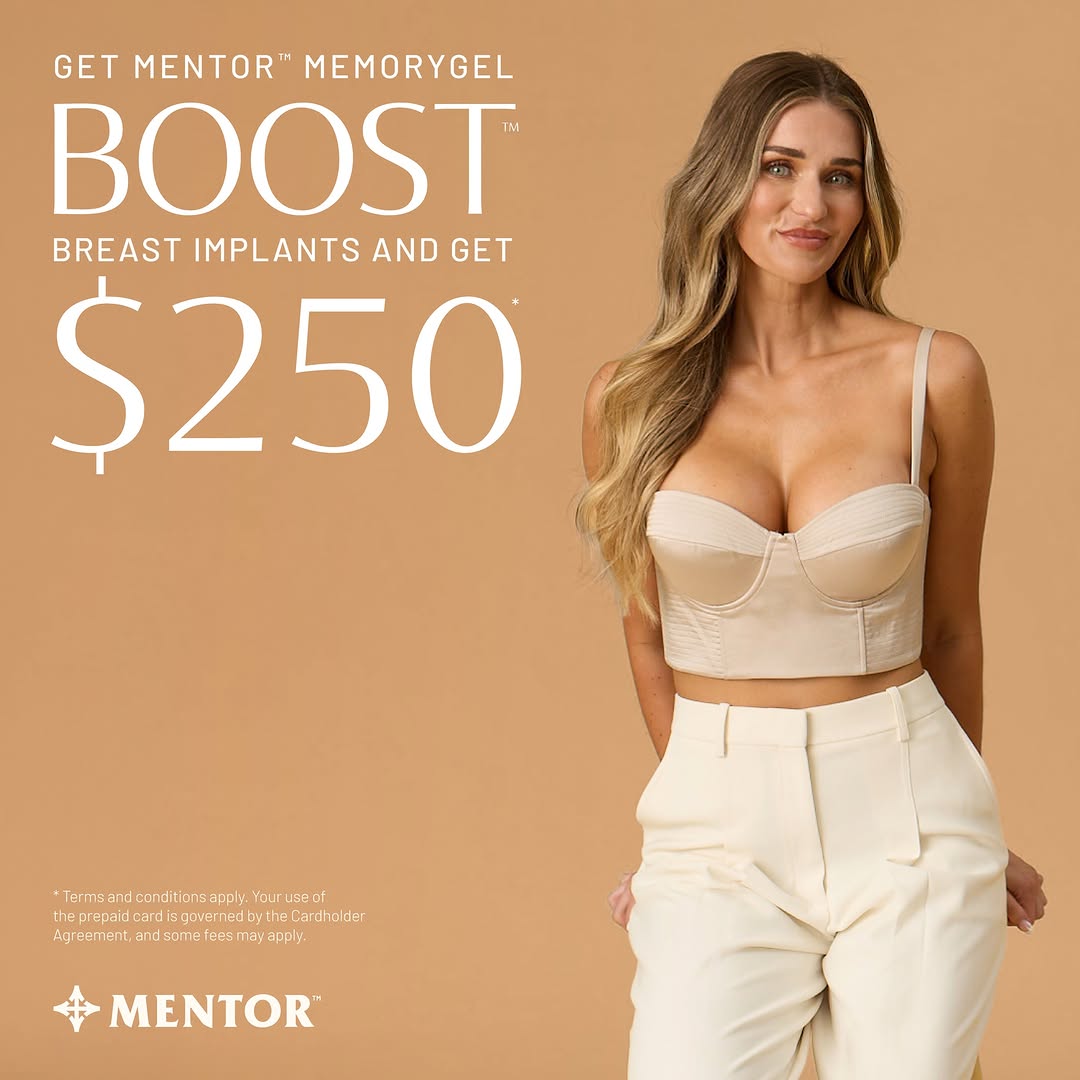 Instagram post by Dr. Jeffrey E. Schreiber: From September 1st to November 30th, when you choose MENTOR™ MemoryGel BOOST™ Breast Implants for your augmentation, you’ll get a $250 prepa…