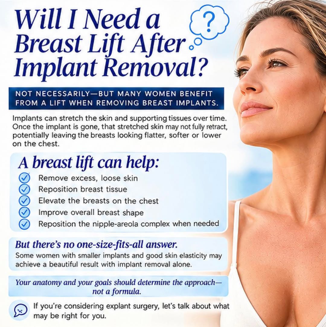 Instagram post by Dr. Jeffrey J. Roth: WILL I NEED A BREAST LIFT AFTER IMPLANT REMOVAL? 🤔 Not necessarily—but many women benefit from a lift when removing breast implants. Why? I…