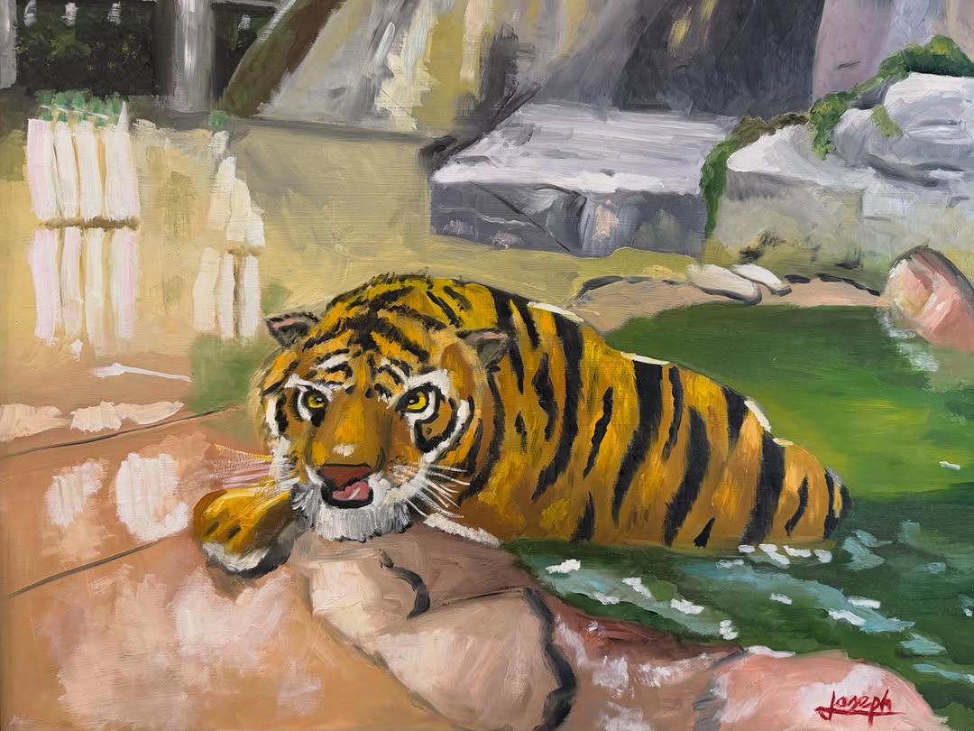 Instagram post by Dr. Jeffrey Joseph: “Water Break”a 16 by 20 inch oil painting of Mike the Tiger with a refreshing escape from the summer Louisiana heat-which also means footbal…