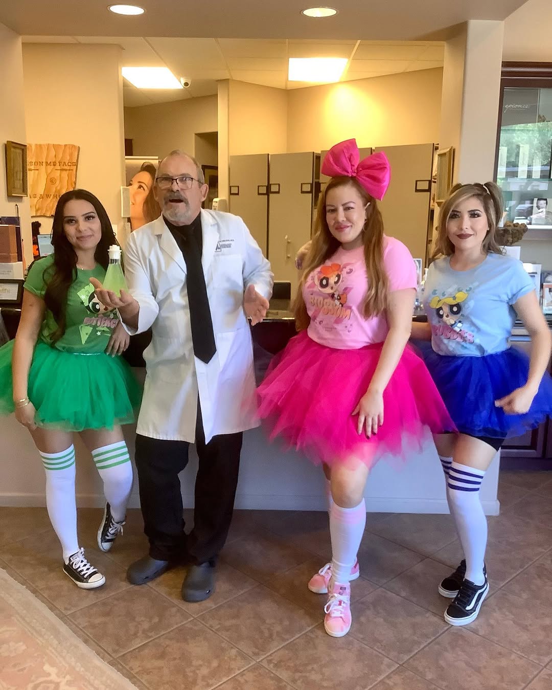 Instagram post by Dr. Jeffrey Nelson: 🎃👻Sugar, Spice, & Everything Nice 👻🎃The Day is saved ✨ Happy Halloween 🎃 #powerpuffgirls #tucsonplasticsurgeon #halloween