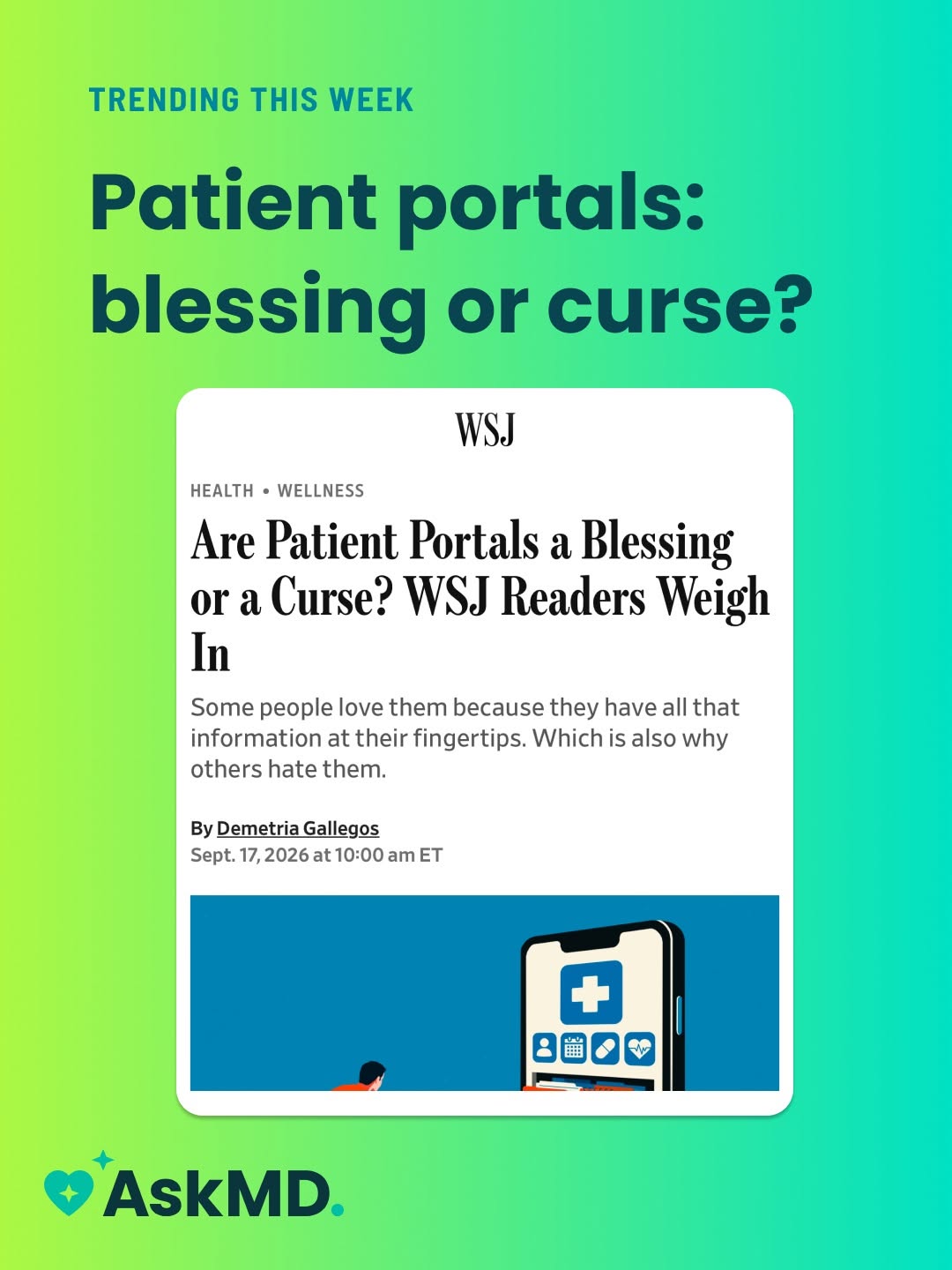 Instagram post by Dr. Jeffrey Teixeira: The Wall Street Journal asked readers how they feel about their patient portals. The answers went both ways. Some love the speed. Results th…