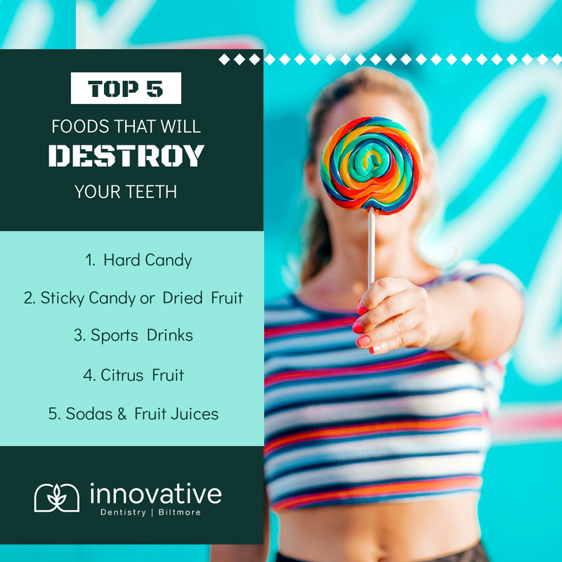 Instagram post by Dr. Jennifer Ebner, DDS: Here are the top 5 foods that will destroy your teeth! 💓 . . . #cosmeticdentistry #biltmoreinnovativedentistry #smiledesign #cosmeticdentis…