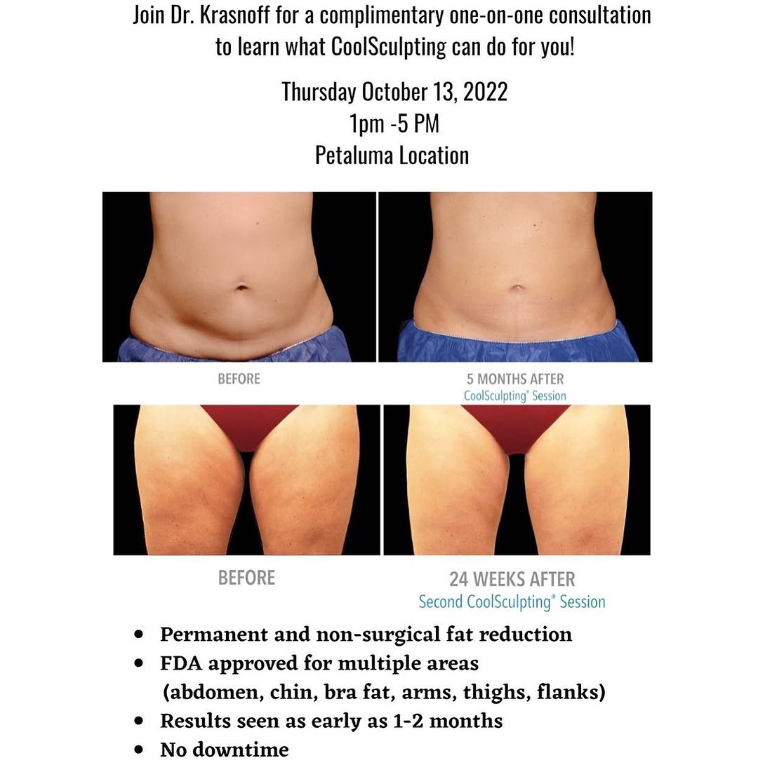 Instagram post by Dr. Jennifer Krasnoff: Mark your calendar for our CoolSculpting event on October 13th, 2022 ❄️ 1pm - 5pm at our Petaluma location Call to reserve your spot, as spa…