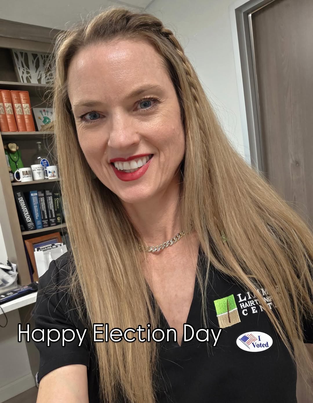 Instagram post by Dr. Jennifer Krejci: Dr. Krejci stepped out on her lunch break today to make her voice heard and cast her vote. At Limmer Hair Transplant Center, we encourage ev…