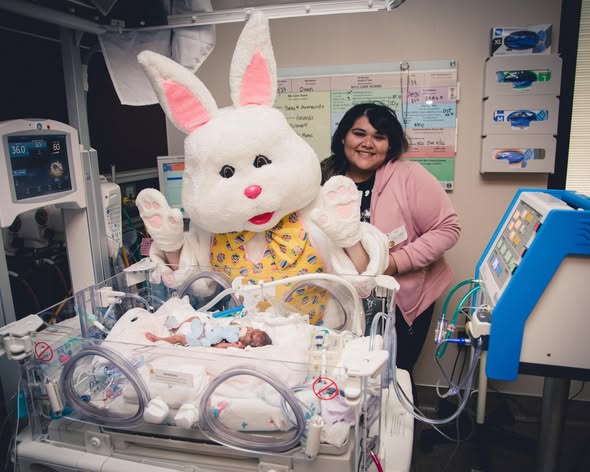 Instagram post by Dr. Jennifer M. Browning: From bunny visits to bunny ears, our tiniest babies celebrated their first Easter while receiving the specialized care needed to get them ho…