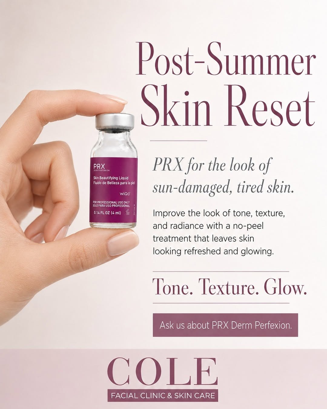 Instagram post by Dr. Jeptha N. Cole: Summer may be winding down, but the sun can leave its mark. PRX helps refresh the look of dull, sun-damaged skin and improve tone, texture a…
