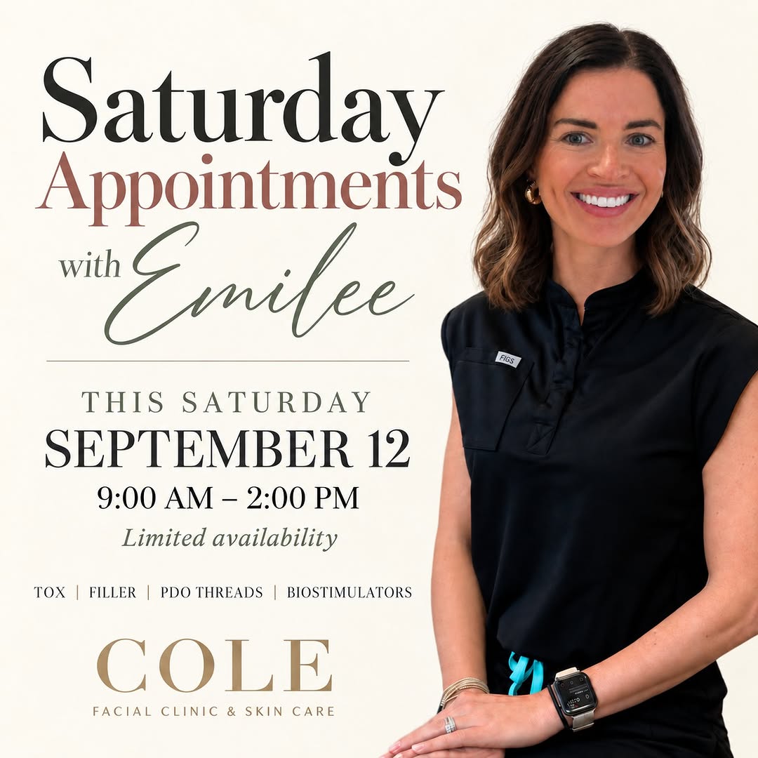 Instagram post by Dr. Jeptha N. Cole: Emilee will be seeing patients this Saturday, September 12, from 9:00 AM–2:00 PM for tox, filler, PDO threads and biostimulators. Saturday a…